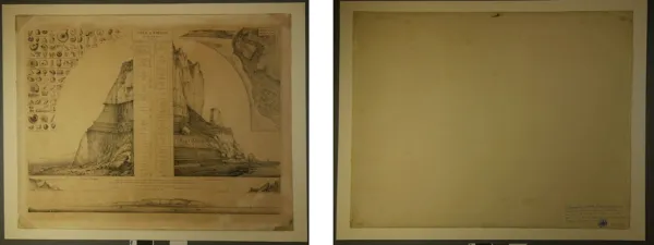 Dessin « Vues et coupes du cap de la Hève », Charles-A. Lesueur, recto-verso, avant restauration